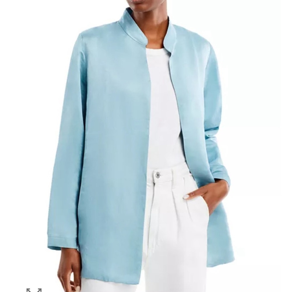 Eileen Fisher Light Blue Open-Front  organic linen and silk stand‎ collar jacket